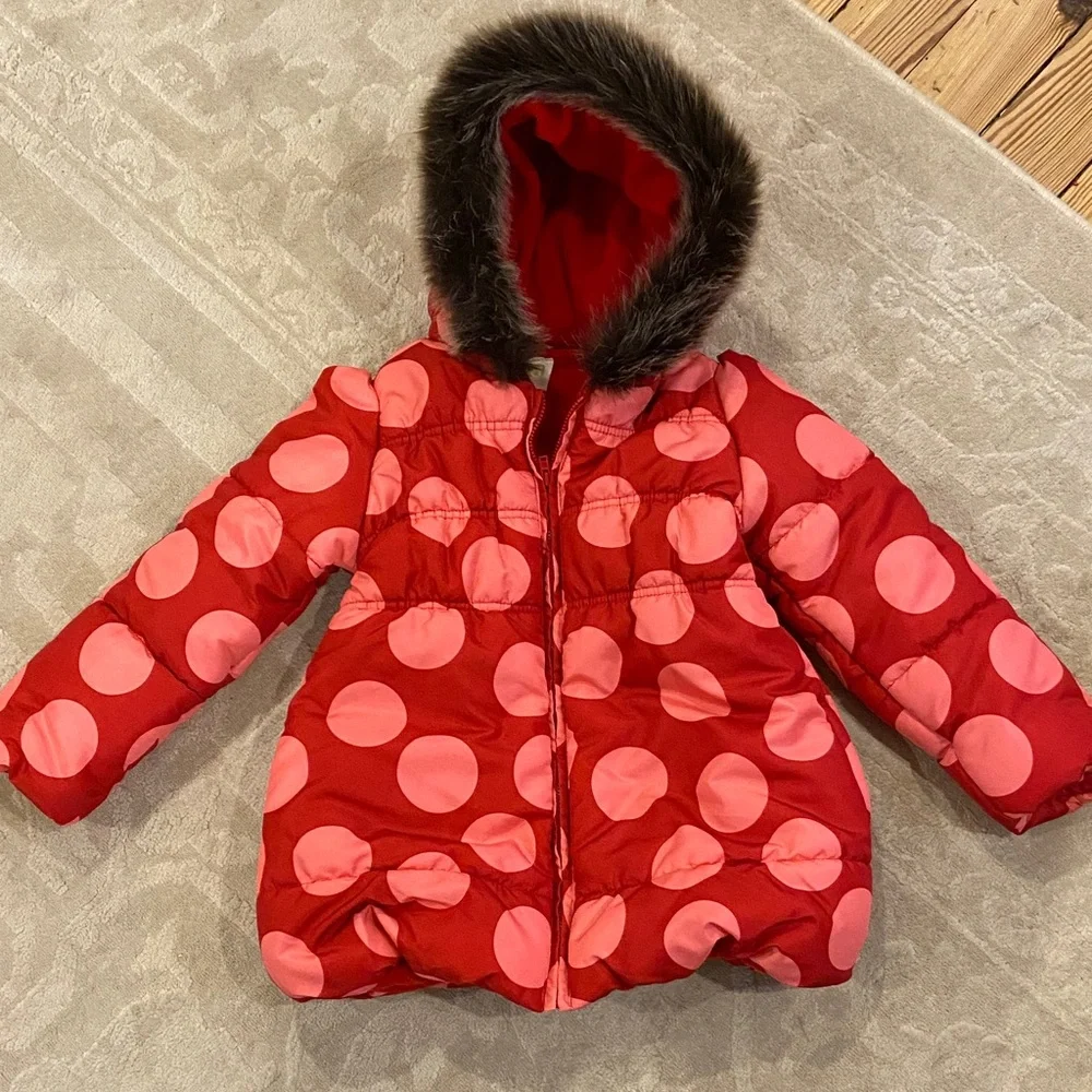Crazy 8 Puffer Ciat with Pink Dots and Faux Fur Hood Size 5